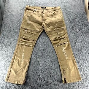 Krisp Jeans Mens 40x32 Brown Cotton Denim Straight Ankle Zip Distressed Outdoor